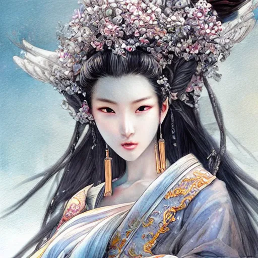 Prompt: dynamic composition, motion, ultra-detailed, incredibly detailed, a lot of details, amazing fine details and brush strokes, colorful and grayish palette, smooth, HD semirealistic anime CG concept art digital painting, watercolor oil painting of epic angel girl, from Three Kingdoms, by a Chinese artist at ArtStation, by Huang Guangjian, Fenghua Zhong, Ruan Jia, Xin Jin and Wei Chang. Realistic artwork of a Chinese videogame, gradients, gentle an harmonic grayish colors.