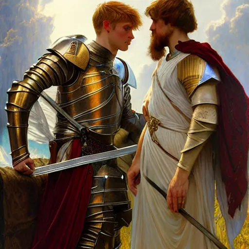 Image similar to attractive arthur pendragon and his favourite attractive male knight, they are in love, camelot, natural lighting, path traced, highly detailed, high quality, digital painting, by gaston bussiere and ross tran and j. c. leyendecker and alphonse mucha