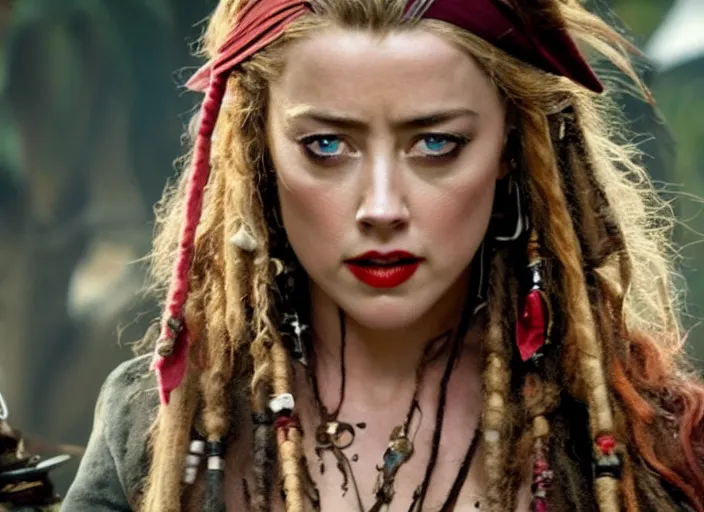 Prompt: film still of amber heard as captain jack sparrow in the new pirates of the carribean movie, 4 k