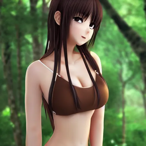 Image similar to real life photo of a beautiful anime girl in bikini, full body photoshoot, long brown hair, brown eyes, full round face, short smile, long sleeved belly free brown shirt, forest setting, cinematic lightning, medium shot, mid - shot, highly detailed, trending on artstation, unreal engine 4 k, 8 0 mm, 8 5 mm, cinematic wallpaper