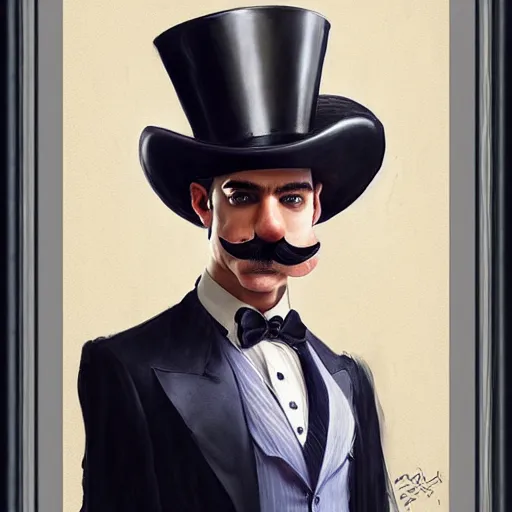 Image similar to hyper realistic dapper fancy luigi wearing a top hat, painted by greg rutkowski, wlop, artgerm