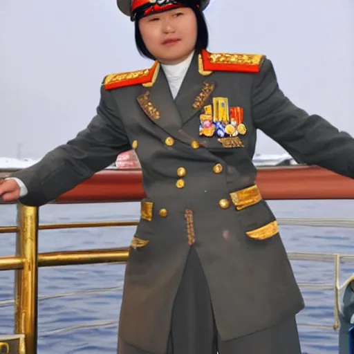 Image similar to Young Mongolian female Navy Admiral wearing a mess jacket, white waistcoat, gold-laced trousers, and a peaked cap, on the deck of a ship