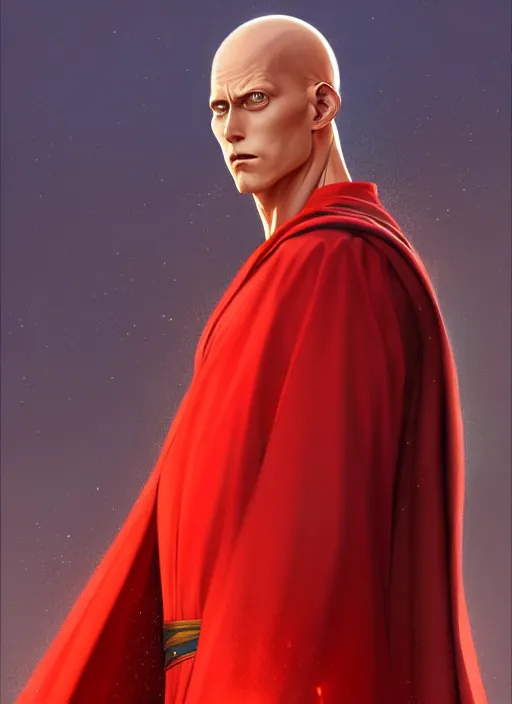 Image similar to ultra realistic illustration, handsome saitama. red cape, intricate, elegant, highly detailed, digital painting, artstation, concept art, smooth, sharp focus, illustration, art by artgerm and greg rutkowski and alphonse mucha and wlop