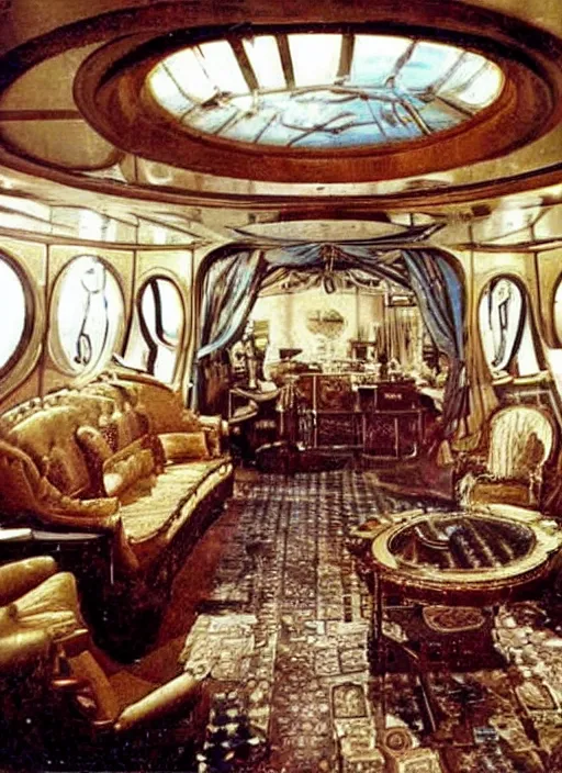 Image similar to captain nemo's luxury victorian living room on the nautilus with views out porthole windows of ocean life
