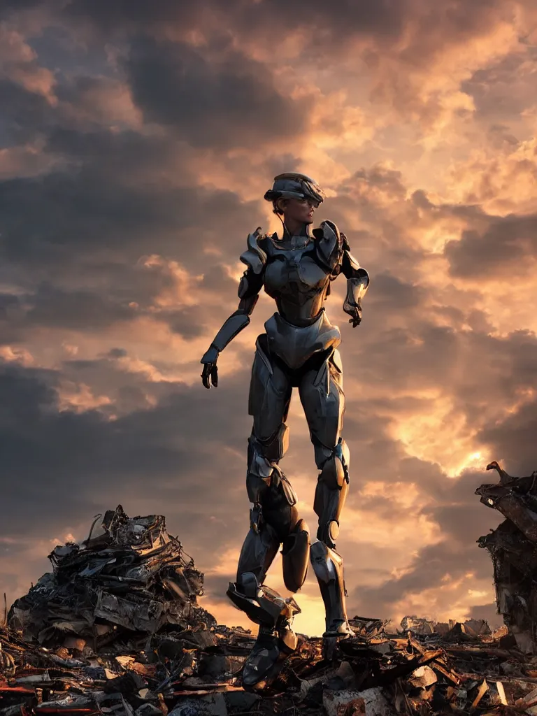 Image similar to emily blunt in futuristic power armor, standing atop a pile of rubble, sunset and big clouds behind her