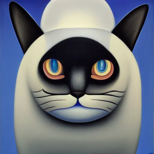 Prompt: a painting of a black and white cat with blue eyes, a surrealist painting by Fernando Botero, behance contest winner, pop surrealism, surrealist, poster art, cubism