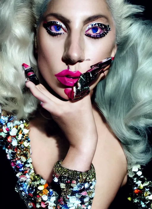 Prompt: lady gaga photohoot by mario testino and nick knight , vogue magazine, Highly realistic. High resolution. Highly detailed. Dramatic. 8k.4k.
