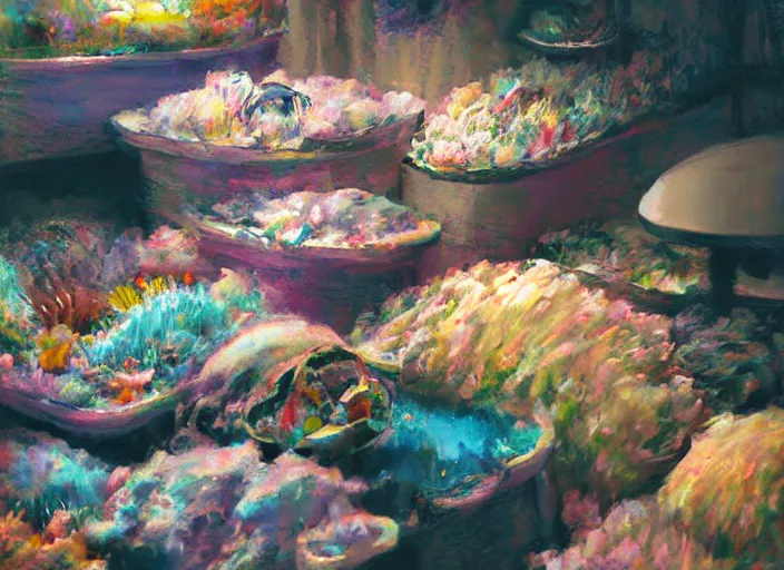 Image similar to clean impasto bright cheery placid pastel deep cozy moody cluttered painterly fluffy tiny cramped live pet store, aisles of aquariums, slanted ceiling, tiny space, particulate, trending on pixiv
