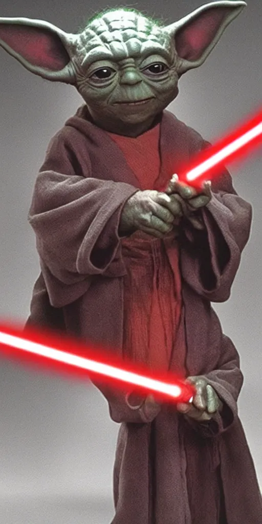 Image similar to yoda, as a sith lord, with a red lightsaber, using the dark force, realistic, ultra realistic