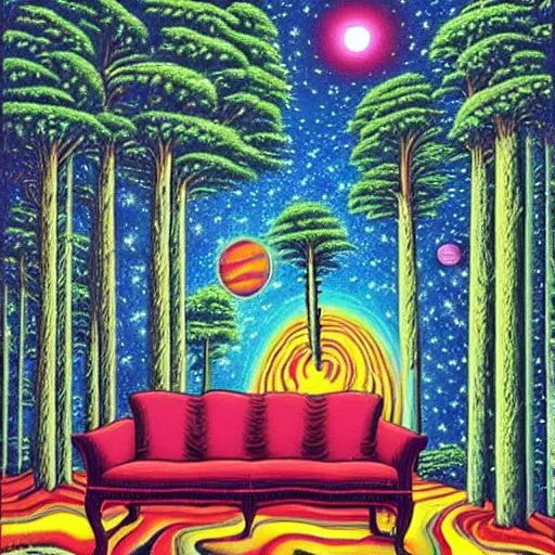 Image similar to psychedelic trippy couch pine forest, planets, milky way, sofa, cartoon by rob gonsalves