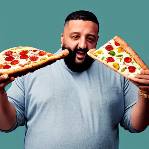 Prompt: studio portrait of DJ khaled holding a slice of pizza in his mouth holding ice cream