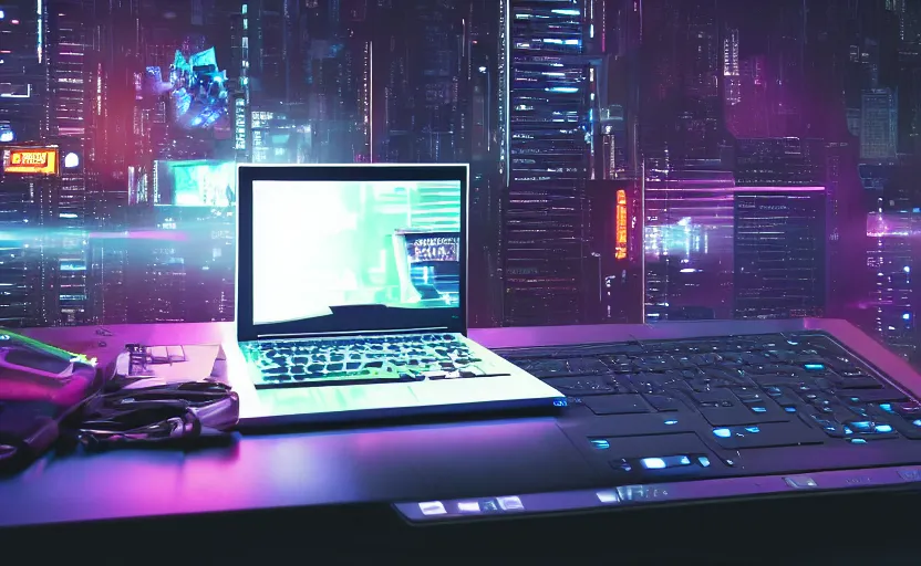 Image similar to cyberpunk laptop with 4:3 display showing hacker terminal in a dark room, scene in greg araki movie