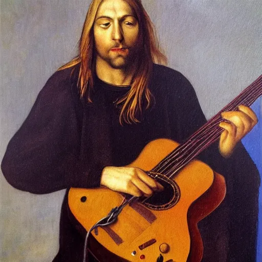 Prompt: Portrait of Kurt Cobain, oil painting by albrecht durer