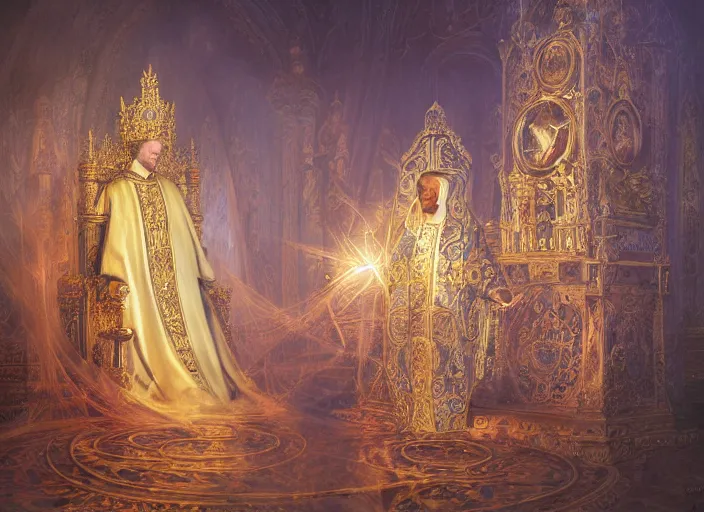 Image similar to worship of the pope, royal robe, gold trim, mysticism, close - up, light effect, hyper detailed, intricate, atmospheric, elegant, photorealistic by paul lehr, marco mazzoni, featured on cgsociety, rococo, whimsical, artstation