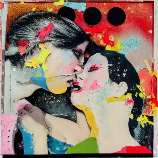 Prompt: two women kissing at a carnival in tokyo, mixed media collage, retro, paper collage, magazine collage, acrylic paint splatters, bauhaus, claymation, layered paper art, sapphic visual poetry expressing the utmost of desires by jackson pollock