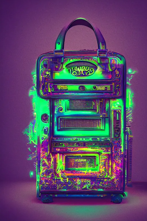 Image similar to photo of a handbag, band merchandise, printed band name is tripmachine, realistic digital art, hanbag is textured with a 3 d render of a huge futuristic steampunk generator, 8 k, fluorescent colors, halluzinogenic, multicolored, exaggerated detailed, unreal engine