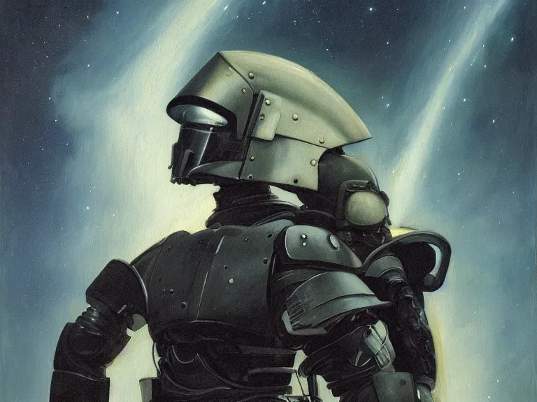 Prompt: a detailed profile portrait painting of a bounty hunter in combat armour and visor gazing into the sky. Smoke. cinematic sci-fi poster. Cloth and metal. Welding, fire, flames, samurai Flight suit, accurate anatomy portrait symmetrical and science fiction theme with lightning, aurora lighting clouds and stars. Clean and minimal design by moebius artwork by caravaggio. Oil painting. Trending on artstation. 8k
