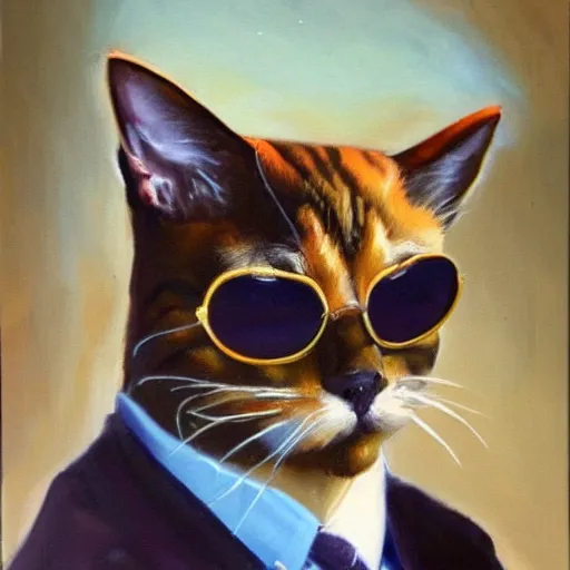 Prompt: oil painting of a badass cat with sunglasses smoking a cigar