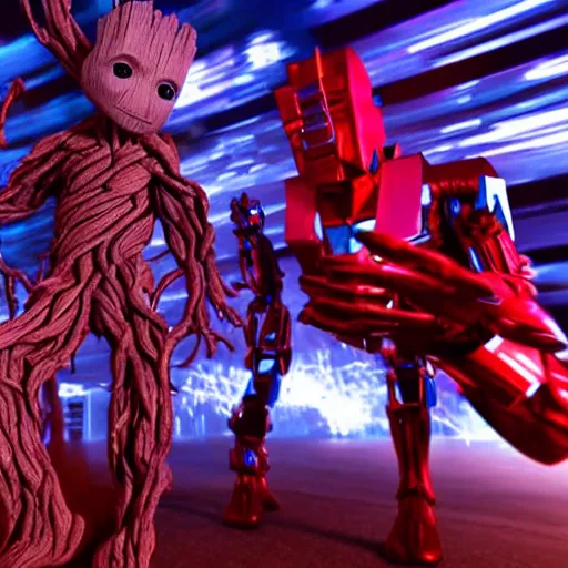 Image similar to groot and optimus prime dancing at techno party among people, wide shoot, after effect ultra realistic 3 d
