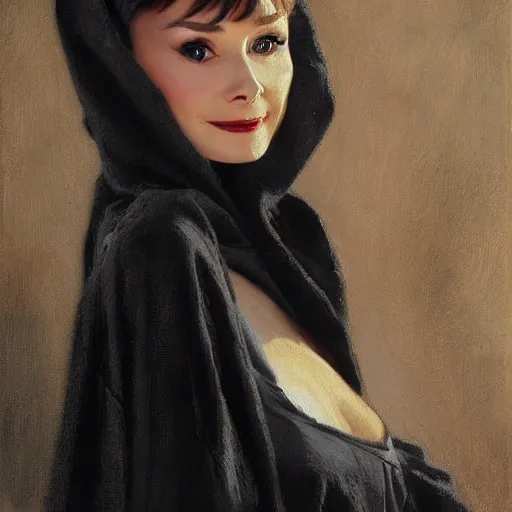 Image similar to detailed realistic cinematic wide shot of beautiful attractive audrey hepburn vampire woman wearing black bath robe slim face symettrical face clean skin black eyes black robe smooth, sharp focus, ultra realistic, spring light, painting by gaston bussiere, craig mullins, j. c. leyendecker