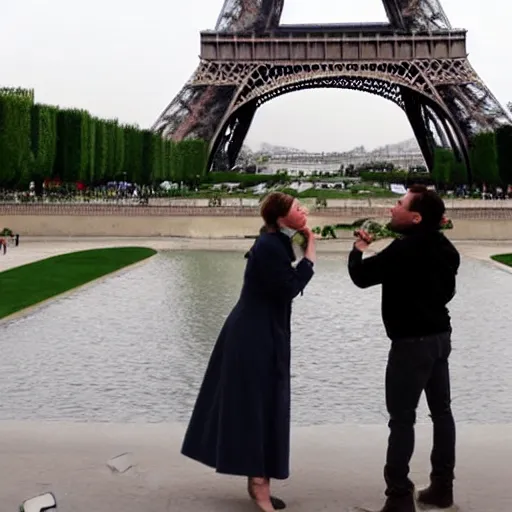 Image similar to two people kissing Infront of tour Eiffel, in style of Michael Angelo.