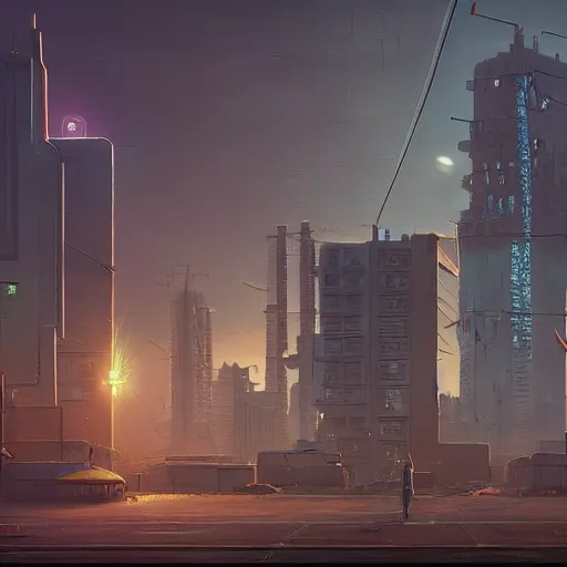 Image similar to A cyberpunk buildings with the sun shining through the clouds in utopia by Simon Stålenhag and Greg Rutkowski,In style of Grant Wood.hyper detailed,8K Resolution,unreal engine 5,Ray Tracing,highly realistic.trending on Artstation