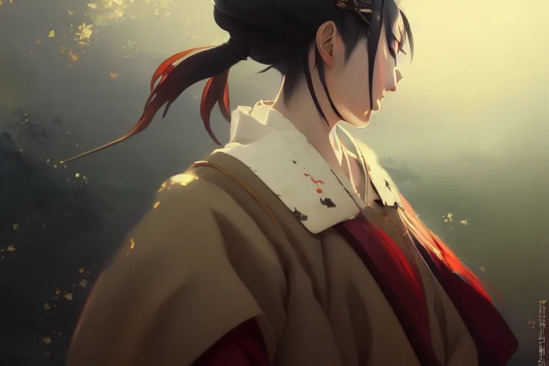 Image similar to baroque oil painting of anime key visual concept art of a samurai girl, very anime, stars vackground, trending on artstation, oil on canvas, style of makoto shinkai greg rutkowski studio ghibli