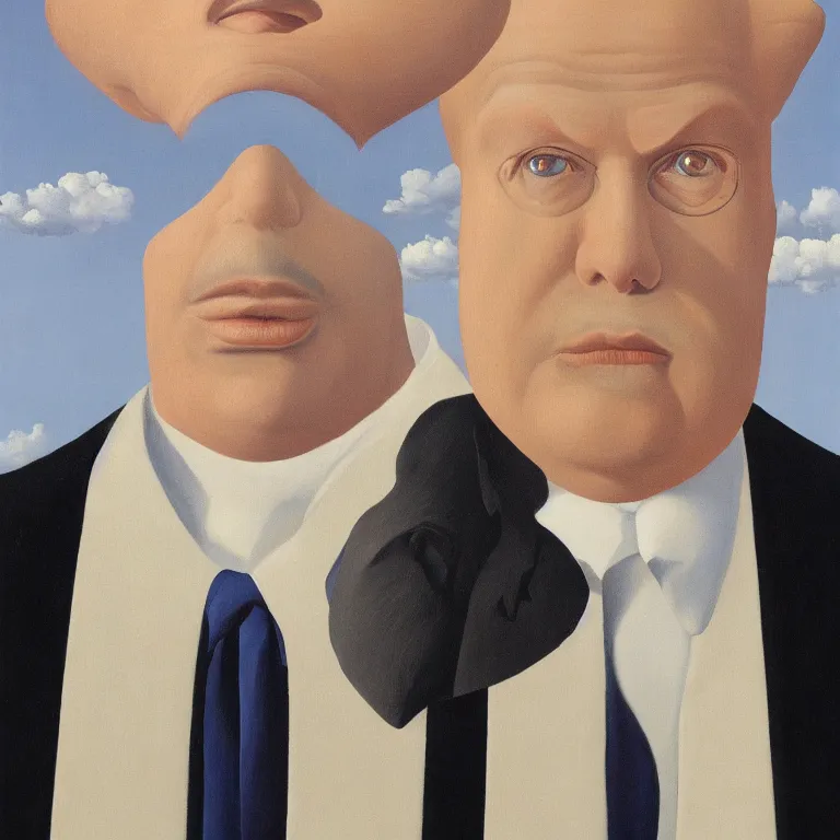 Prompt: portrait of a faceless fish - head man in a suit, clouds in the background, by rene magritte, detailed painting, distance, centered, hd, hq, high resolution, high detail, 4 k, 8 k