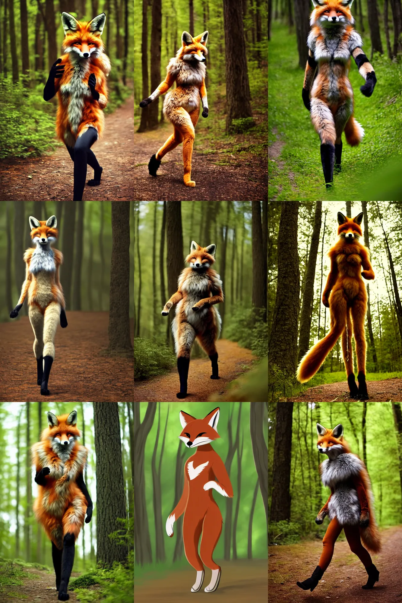 Image similar to anthro furry digitigrade natural - colored fox woman with black paws, walking upright in a forest, cinematic