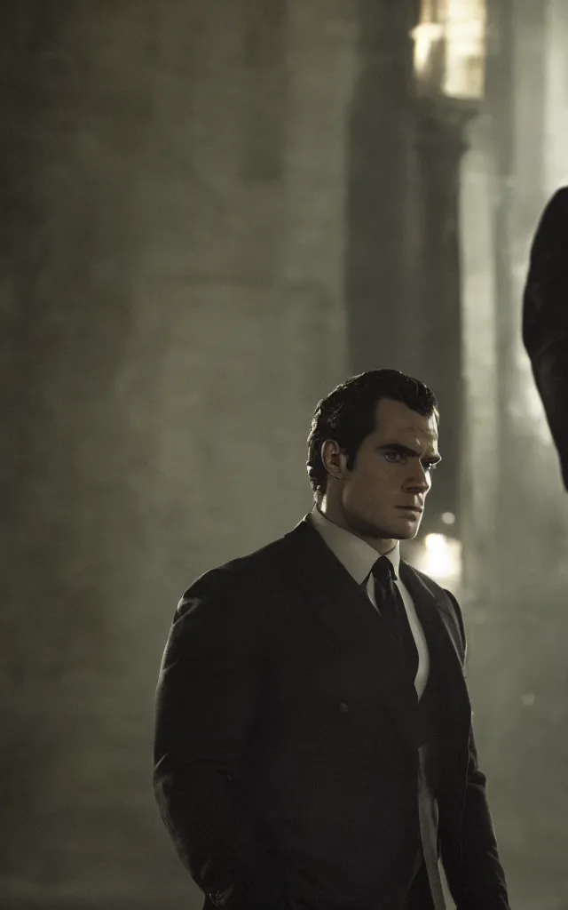 Image similar to henry cavill in the role of james bond by camille corot, cinematic, moody lighting, cinematic lighting