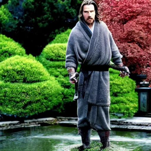 Prompt: Christopher Nolan movie shot of Christian Bale as Bruce Wane practicing sword fighting while standing on a stone in the middle of a small koi pond, Japanese bonsai plants