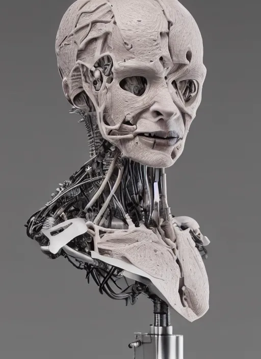 Prompt: an orthographic damaged bust sculpture of anatomical female detailed cyborg, veins, titanium mechanical parts, studio lighting by Wes Anderson