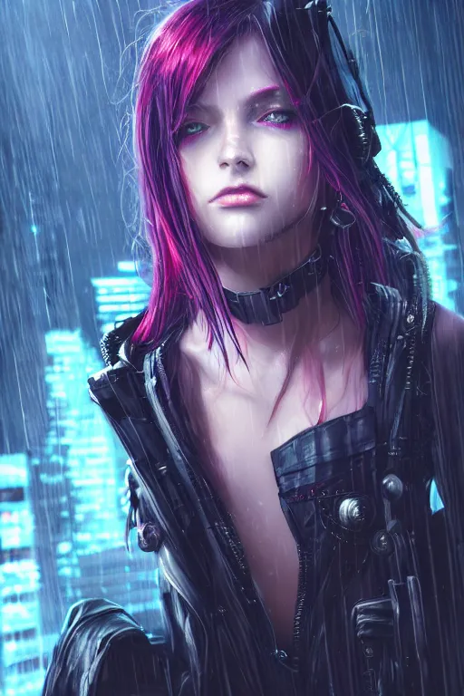 Prompt: portrait futuristic demonic cyberpunk young female pirate, in futuristic stormy thunder rainning tokyo rooftop cyberpunk night, ssci-fi, fantasy, intricate, very very beautiful, elegant, neon light, highly detailed, digital painting, artstation, concept art, soft light, hdri, smooth, sharp focus, illustration, art by tian zi and craig mullins and WLOP and alphonse mucha