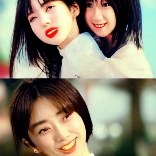 Image similar to 1990s, unbelievably beautiful, perfect, dynamic, epic, cinematic 8K HD movie shot of two semi-close-up japanese beautiful cute young J-Pop idols actresses girls, they express joy and posing together. By a Chinese movie director. Motion, VFX, Inspirational arthouse, high budget, hollywood style, at Behance, at Netflix, with Instagram filters, Photoshop, Adobe Lightroom, Adobe After Effects, taken with polaroid kodak portra