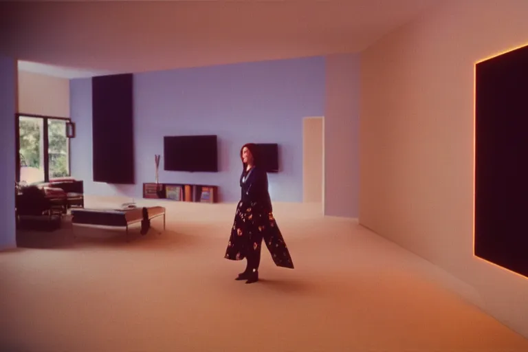 Image similar to backlit photograph of awestruck young woman standing in front of tall black box radiating esoteric energy in suburban living room, crisp focus, highly detailed, in nicolas roeg style, 3 5 mm ektachrome