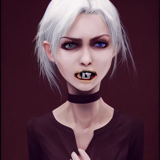 Image similar to Young woman, white hair, black eyes, sharp teeth, pointy ears, pale skin, trending on artstation