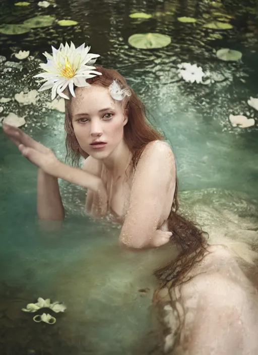 Prompt: Kodak Portra 400, 8K, soft light, volumetric lighting, highly detailed, britt marling style 3/4 ,portrait photo Close-up portrait photography of a beautiful woman how pre-Raphaelites, the face emerges from a pond surrounded by lily pads, thermal waters flowing down white travertine terraces, inspired by Ophelia paint ,and hair are intricate with highly detailed realistic beautiful flowers , Realistic, Refined, Highly Detailed, interstellar outdoor soft pastel lighting colors scheme, outdoor fine art photography, Hyper realistic, photo realistic