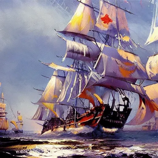 Image similar to A pirate on the high seas that has magical pearlescent shimmering see through sails, painting by John Berkey
