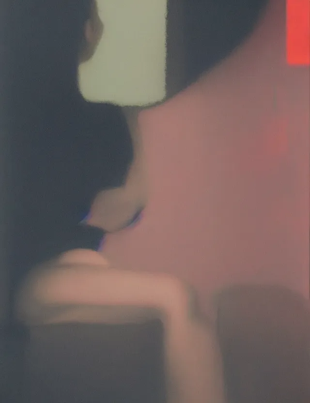 Image similar to woman in dark room sitting on a coach, blue rays from tv, redshift, wide shot, coloured polaroid photograph, pastel, kodak film, hyper real, stunning moody cinematography, by maripol, fallen angels by wong kar - wai, style of suspiria and neon demon, david hockney, detailed, oil on canvas