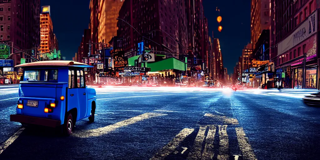 Image similar to an open frame blue tuk tuk going through a desolate manhattan city street at night, statue of liberty seen in the background, realistic 4 k octane beautifully detailed render, 4 k post - processing, highly detailed, detailed face, intricate complexity, epic composition, magical atmosphere, cinematic lighting, masterpiece, color picture, ultra hd