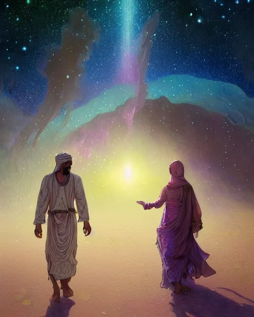 Image similar to bedouin man and woman and child in galaxy walking towards mosque surrounded by nebula, highly detailed, gold filigree, romantic storybook fantasy, soft cinematic lighting, award, disney concept art watercolor illustration by mandy jurgens and alphonse mucha and alena aenami, pastel color palette, featured on artstation