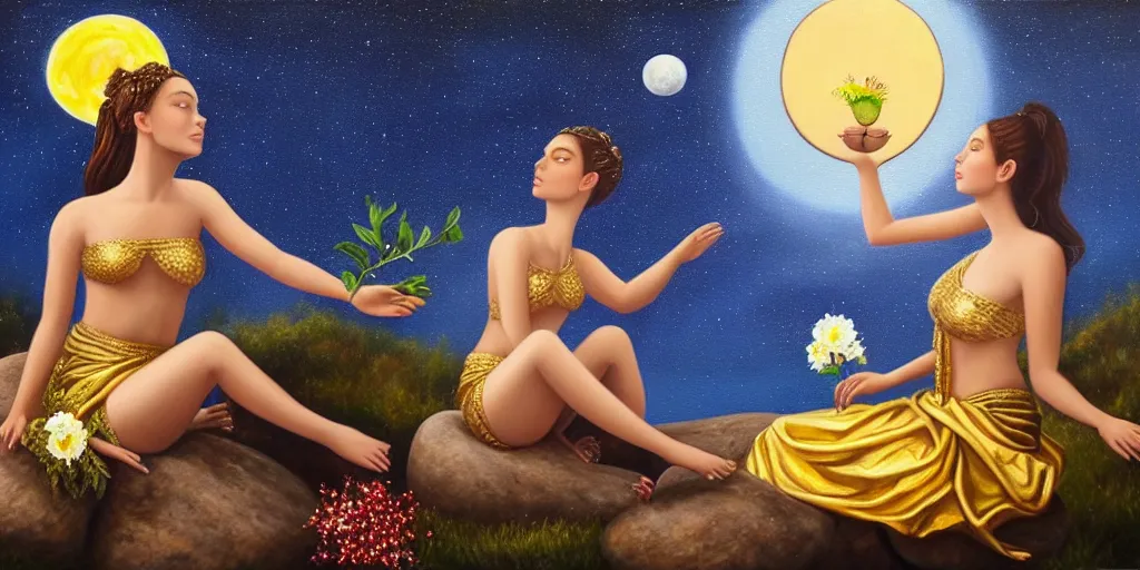 Prompt: very realistic beautiful painting of a goddess wearing a short metallic golden skirt holding flowers and levitating a pear, sun on the left moon on the right as she is sitting on a rock at night time, realistic 8K HD