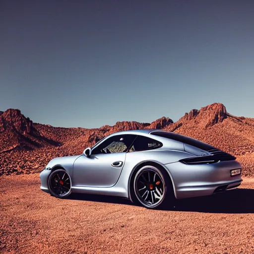 Prompt: porsche in the middle of the desert, professional photography, vaporwave