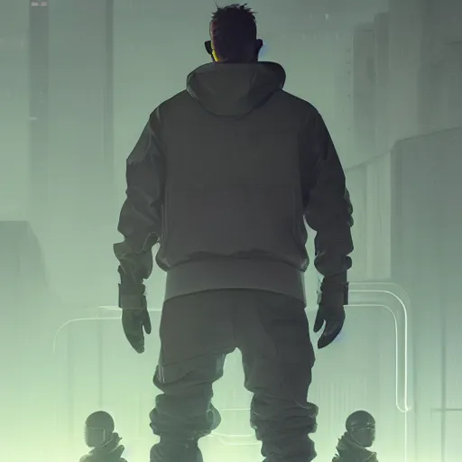 Prompt: A broad shouldered, large man in a techwear outfit, Acronym P31-ds pants, high quality, digital art, dire cyberpunk city, gray sky, neon signs in background, greg rutkowski