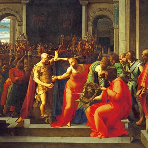 Image similar to alexander cutting the gordian knot, painting by raphael