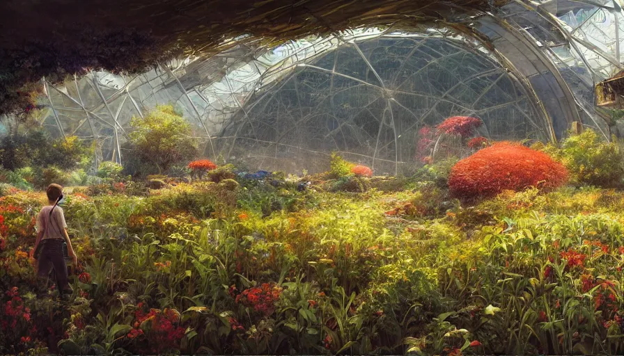 Prompt: craig mullins and ghibli digital illustration of the interior of the largest biodome in the world, fields of crops, farms, colorful, unreal engine, hyper realism, realistic shading, cinematic composition, realistic render, octane render, detailed textures, photorealistic, wide shot,