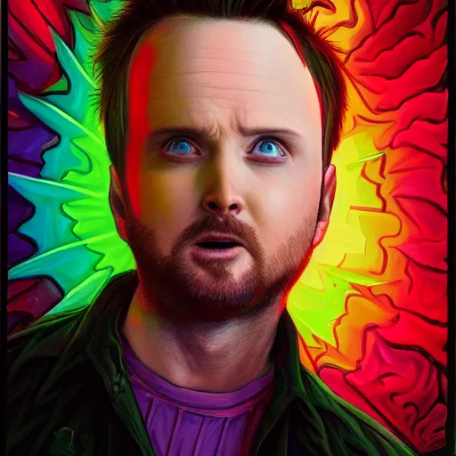 Image similar to a detailed painting of a demon poorly disguised as Aaron Paul by Junji ito and Lisa frank, vivid color scheme, artstation,8k,artstationHD,artstationHQ, cinematic, diffuse lighting