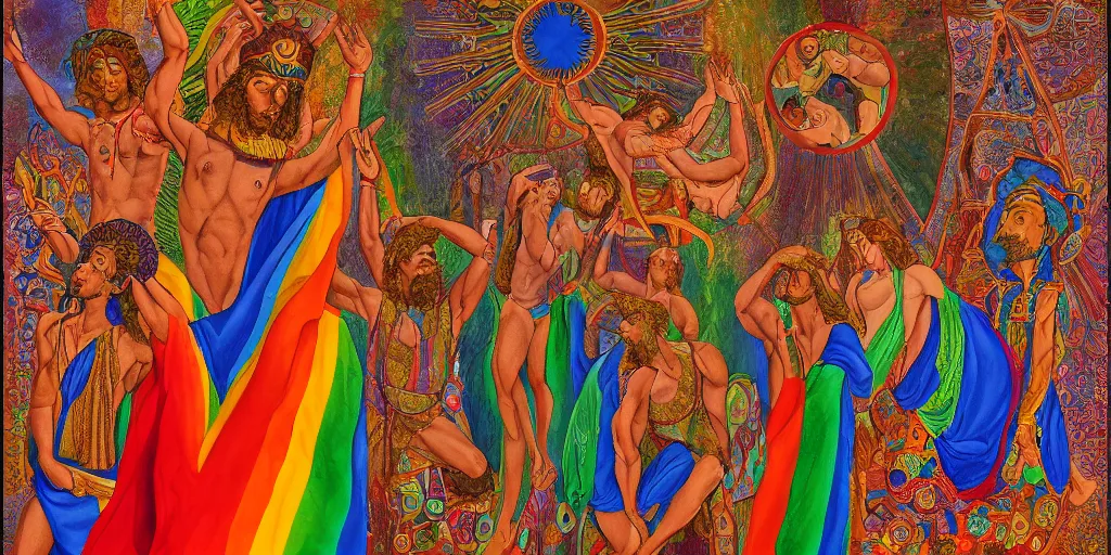 Image similar to an abstract spiritual background, a gay greek god dancing, clear eyes. 2 4 mm, photorealistic, muted color scheme, directed by mati klarwein