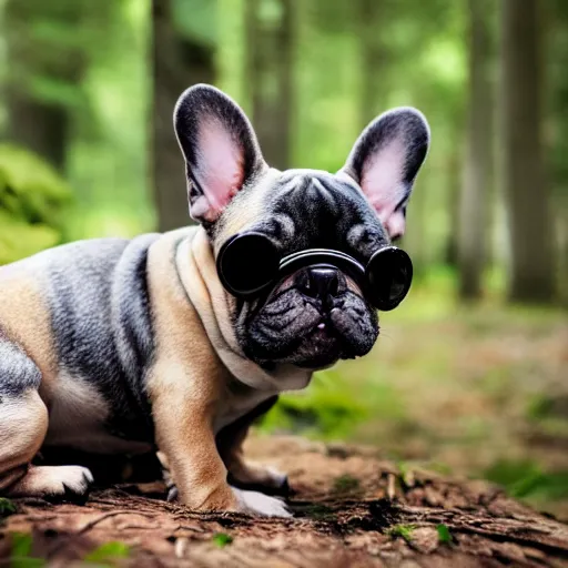 Image similar to french bulldog wearing round goggles sitting on a mushroom in a forest, hyper realistic, HD, HQ, photo realistic