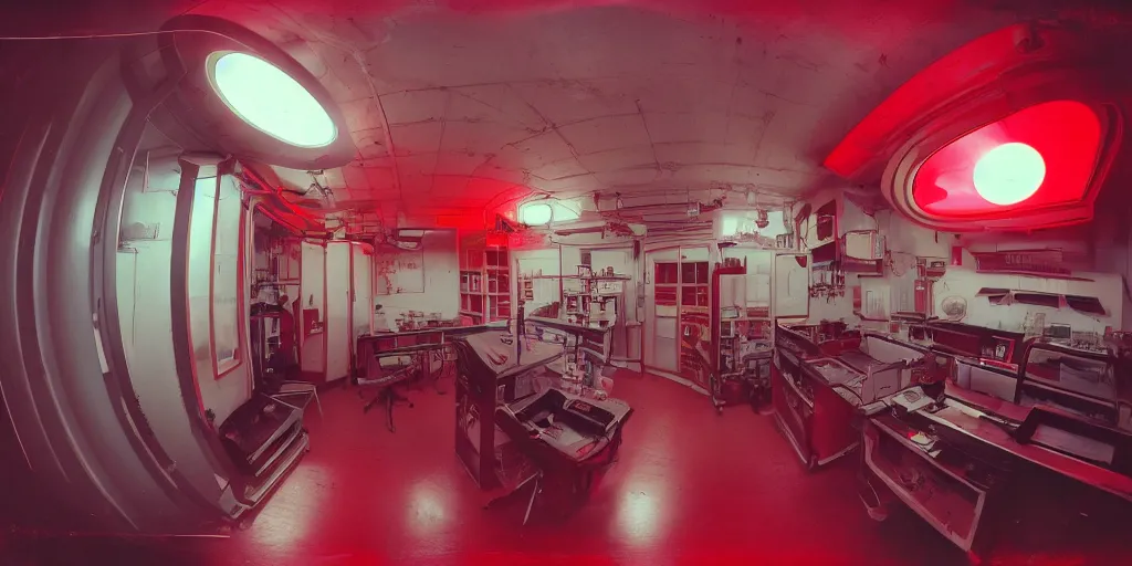 Image similar to noisy color photograph of a retrofuturist liminal space, laboratory, red lights, minimalist, cinematic, fish eye lens, soft vintage glow